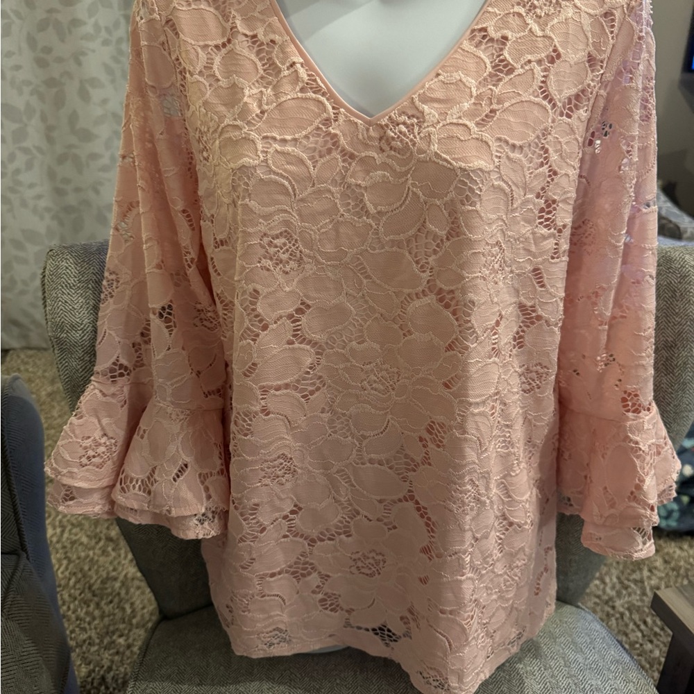 Roz & Ali Lace V-Neck Blouse in Light Pink